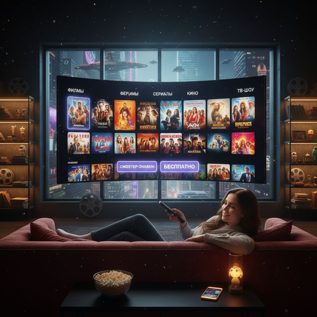 Семья смотрит кино на большом экране дома, наслаждаясь вечером за просмотром